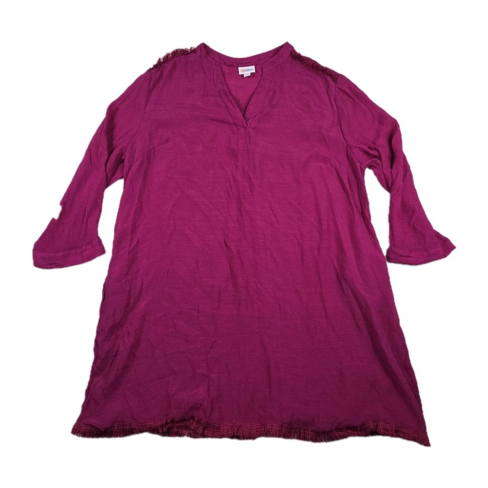 LuLaRoe XL Magenta Purple Fringed V-Neck 3/4 Sleeve Tunic Dress Boho Relaxed
